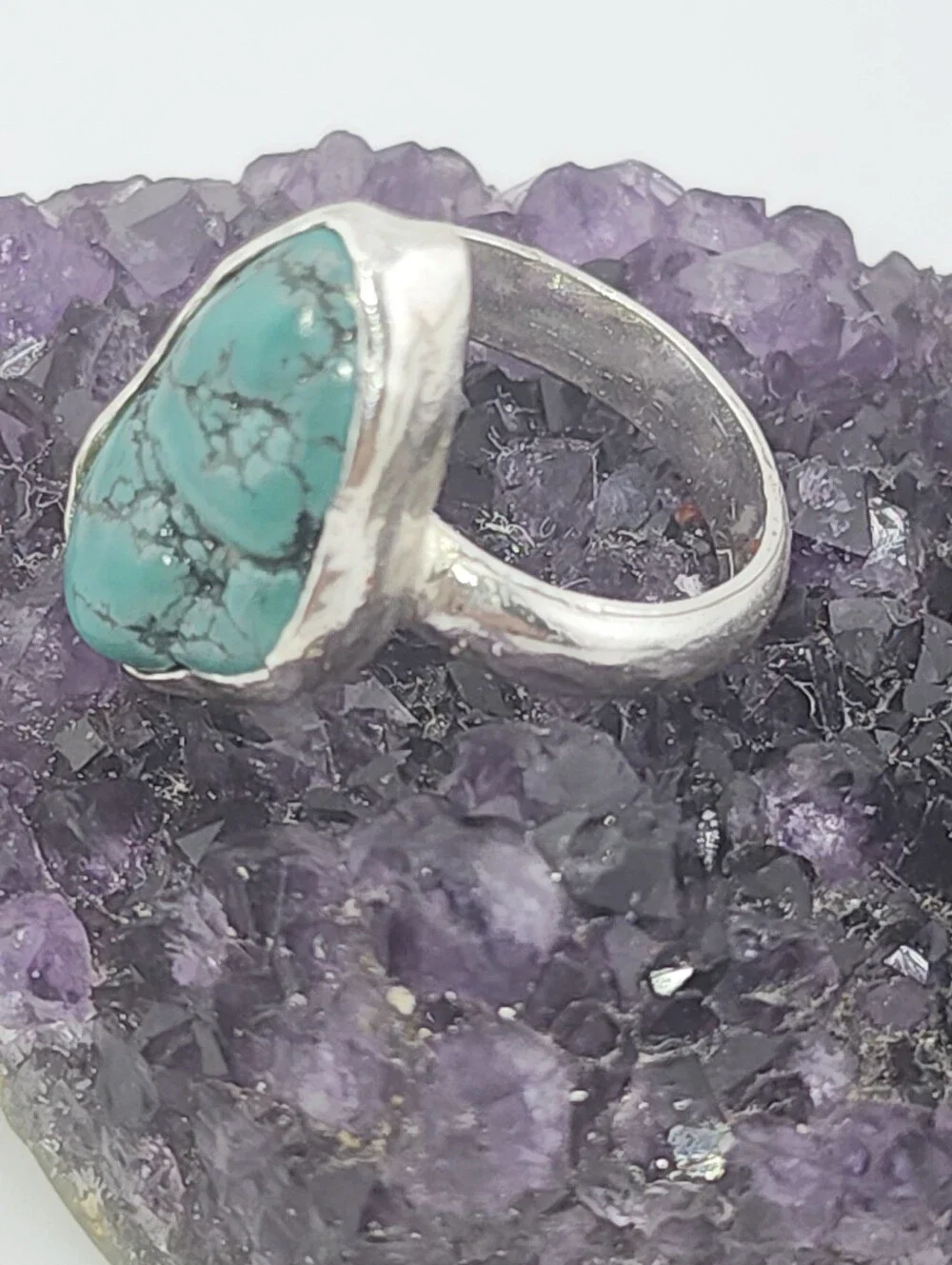 TURQUOISE BOHEMIAN RING HANDMADE IN STERLING RECYCLED METAL SIZE 8 GENUINE STONE